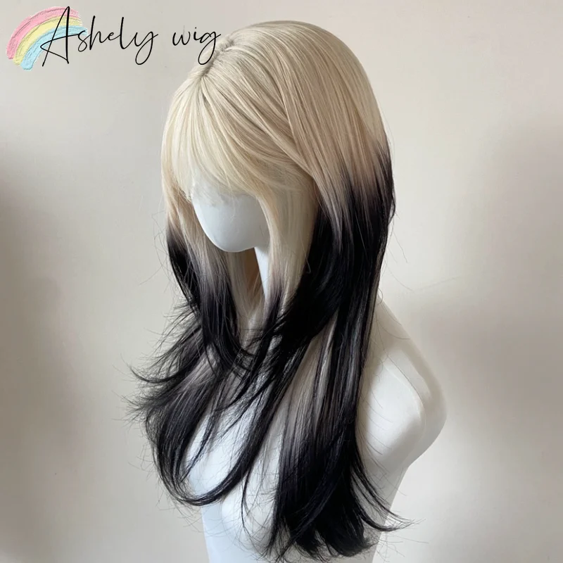 Ashely Ombre Black Blonde Wig for Women Y2K Hairstyle Lolita Wigs Straight Sissy Wig with Bangs Paruky for All Saints' Day