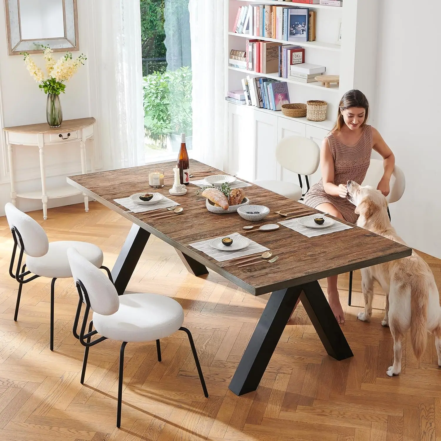Modern Dining Chairs Set of 2. Mid Century. Upholstered. Curved Backrest. Round Seat. Black Legs. Cream.