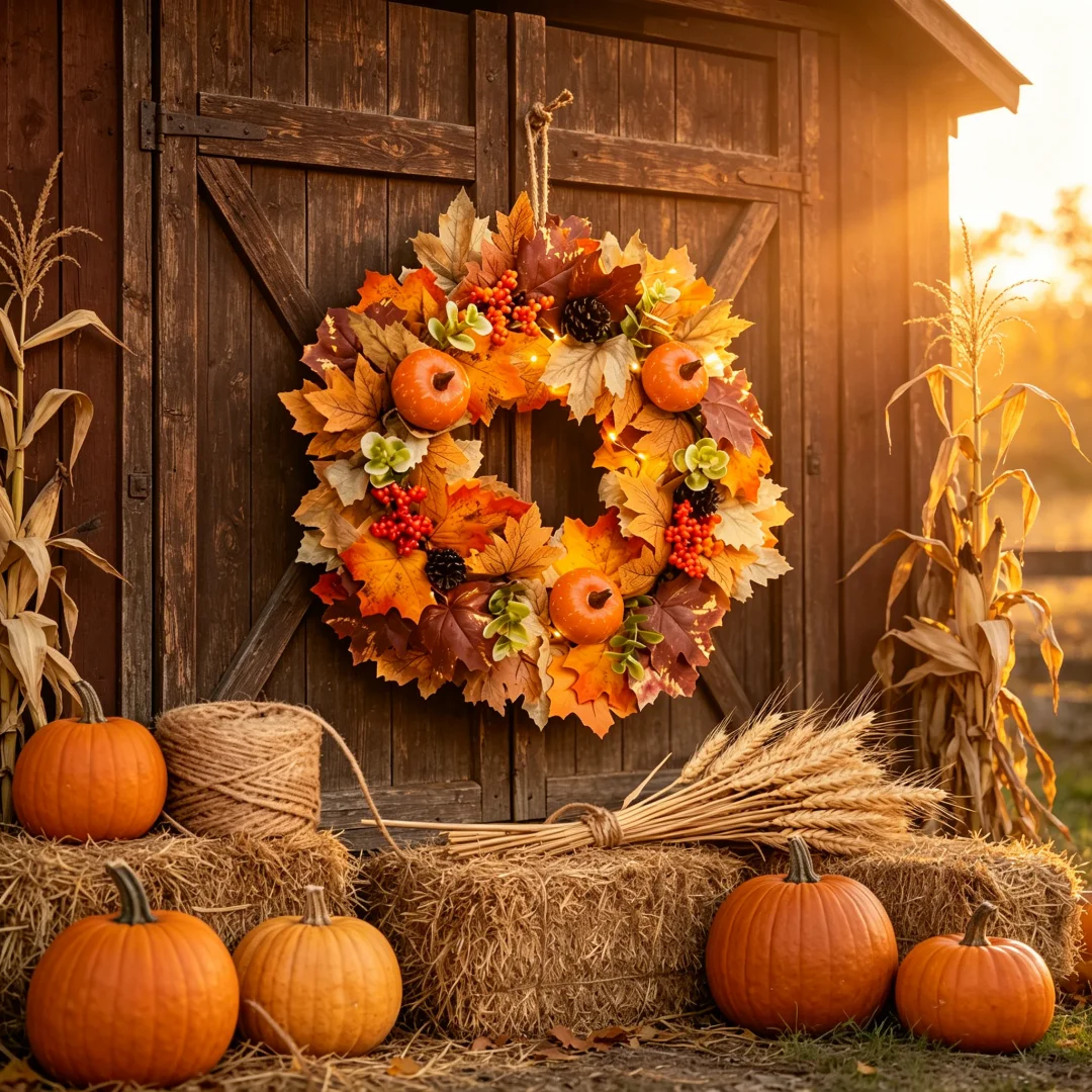 45CM Fall Pumpkin Wreath with Maple Leaves Berries Autumn Front Door Decor Thanksgiving Halloween Christmas Home Outdoor Wreath 5