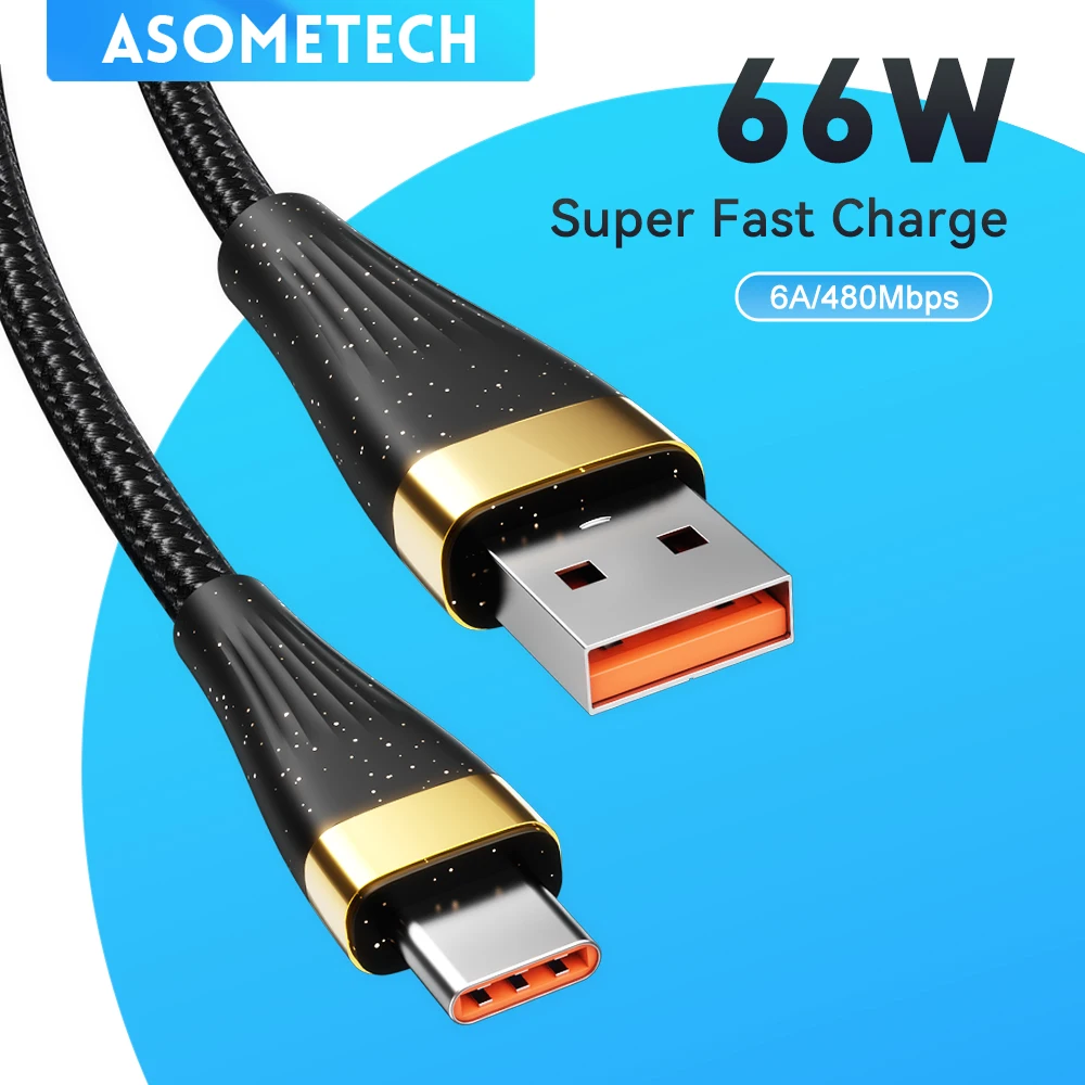 ASOMETECH 6A USB C Cable Phone Wire Type C Cable USB A to Type C Fast Charger Cable for Xiaomi Samsung MacBook Fast Charging Data Cord