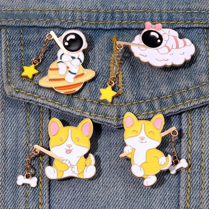 

Puppy and Bone Enamel Pins Custom Corgi Dog Astronaut Brooches Lapel Badges Animal Jewelry Gift for Kids Friends