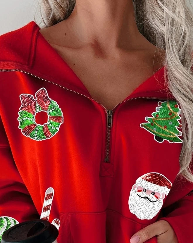 Sudaderas con capucha con cordón para mujer, decoración gráfica de lentejuelas de Navidad, sudadera con diseño de cremallera, jersey de manga larga, ropa femenina holgada