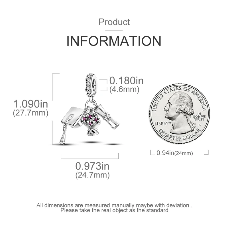 Abschlussbuch-Charm, Bachelor-Kappe, Blumen, baumelnd, 925er Silber, passend für Original-Armband, Schmuck, Abschlussgeschenk – Detail 12