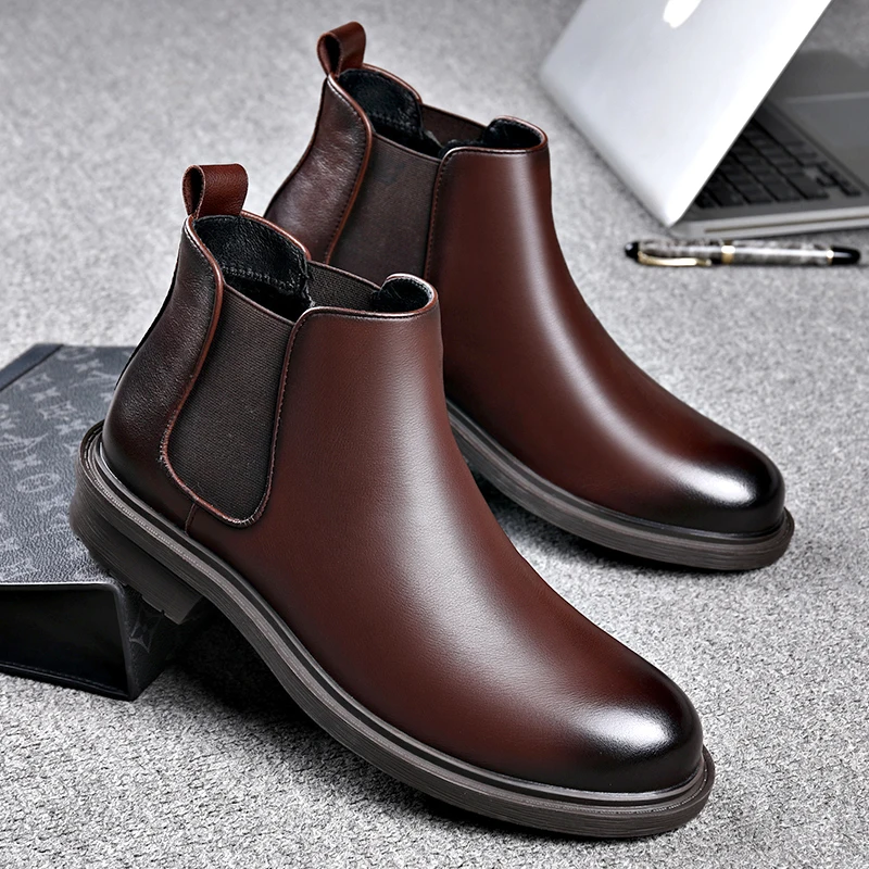 

Chelsea Boots Men's Business Style Low Cut Genuine Leather One Step Smoke Pipe Elevated Soft Leather Martin with Plush Platform