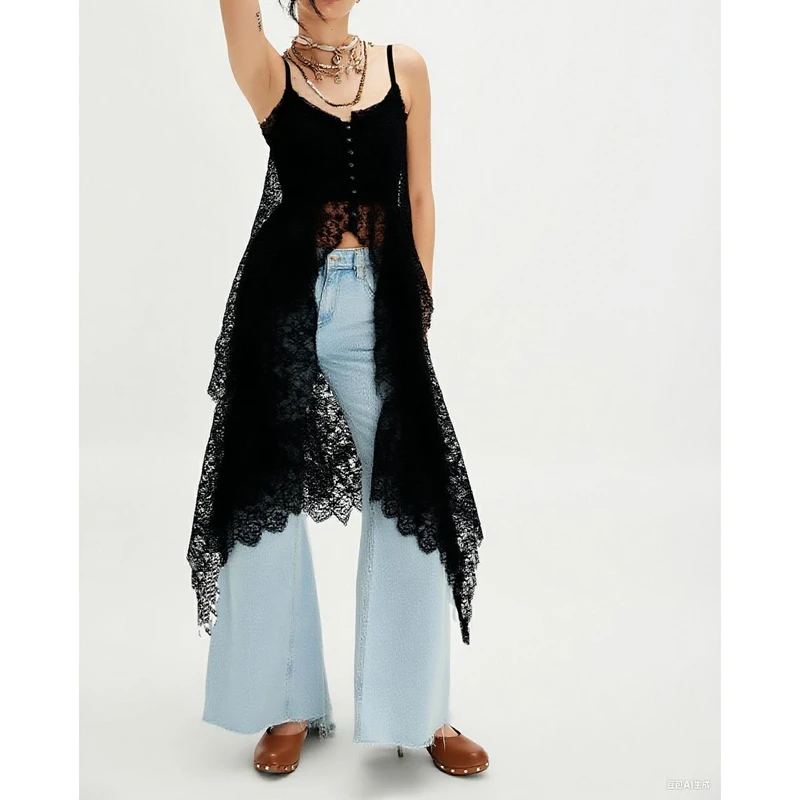 Women Chic Sleeveless Button-up Slit Front Camisoles y2k Floral Lace See-through Ruffle Layered Irregular Hem Shirt Cami Dress