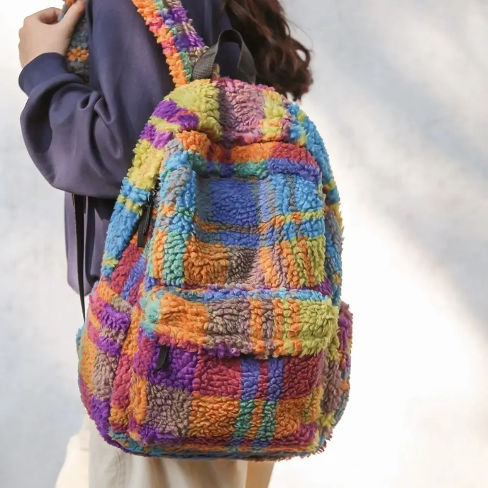 

Korean Style Colorful Plaid Backpack Cute Strip Geometric Lamb Fleece Backpack Large Capacity Preppy Trendy Shoulder Bag Gift