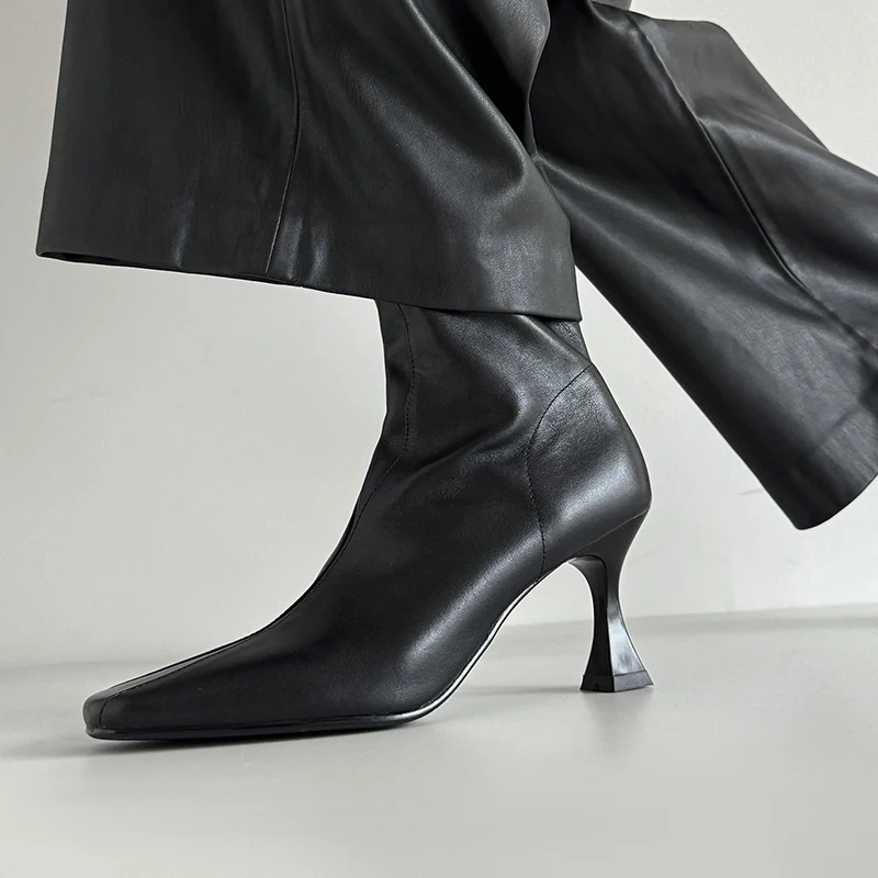 

Women Short Boots Side Zip Dress Shoes On Sexy Heel Ankle Boots Square Toe Cowhide Leather Ladies French Style Elegant Shoes