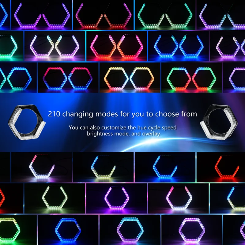 1쌍 5D RGB LED 엔젤 아이즈 헤일로 링 사각형 DRL 커버 (방향 지시등 포함) 앱 제어 헤일로 커버 (자동차 헤드라이트용)