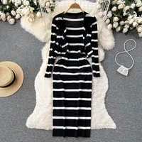 Korean Sweet Hit Color Patchwork Striped Spaghetti Strap Dress and V Neck Long Sleeve Cardigans 2 Pieces Sets - Image 2