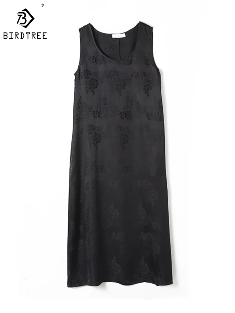 

Birdtree 100%Real Silk Women Long Vest Dress Black Floral Jacquard Sleeveless Dress 2023 Spring Summer Elegant Clothes D37909QM