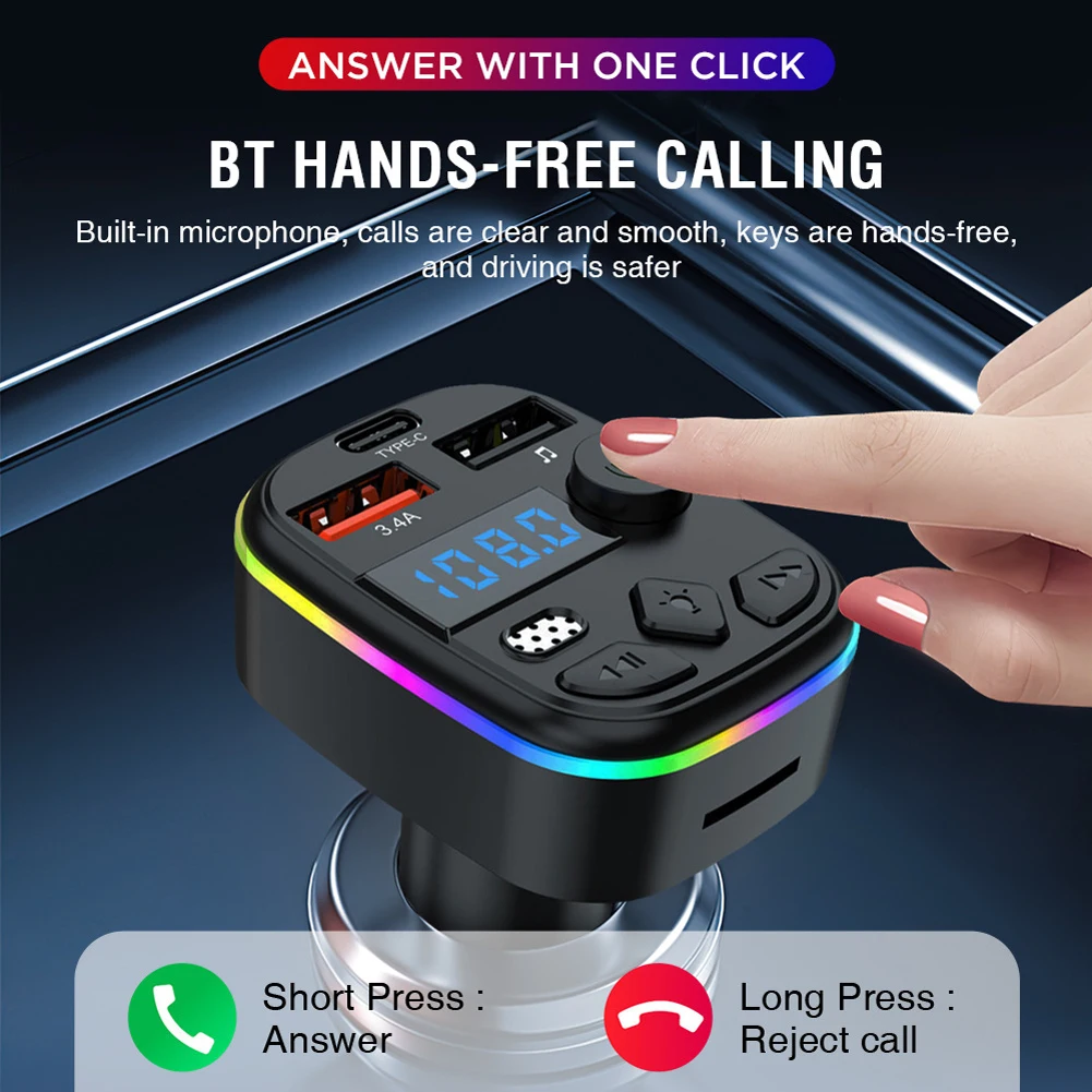 Hands Free Wireless Car Kit Car MP3 Player Bluetooth-Compatible 5.3 Support TF Card U Disk Cell Phone Charger Car FM Transmitter