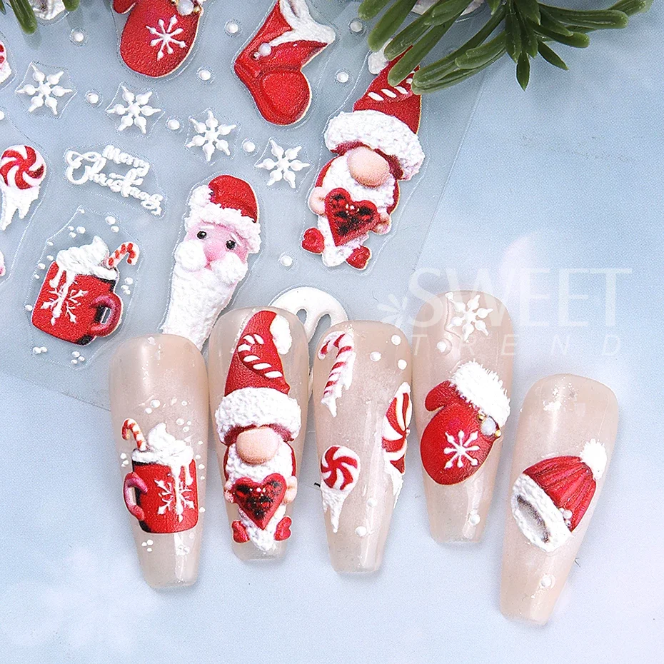 5D Realistic Relief Santa Claus Nail Stickers Snowflakes Christmas tree Elk Stars Self-Adhesive Nail Decals Manicure Decoration