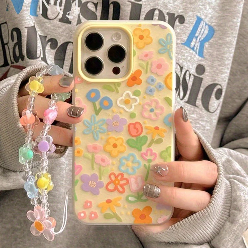 Oil Painting Flower Design Phone Case with Lanyard - Shockproof Soft Cover