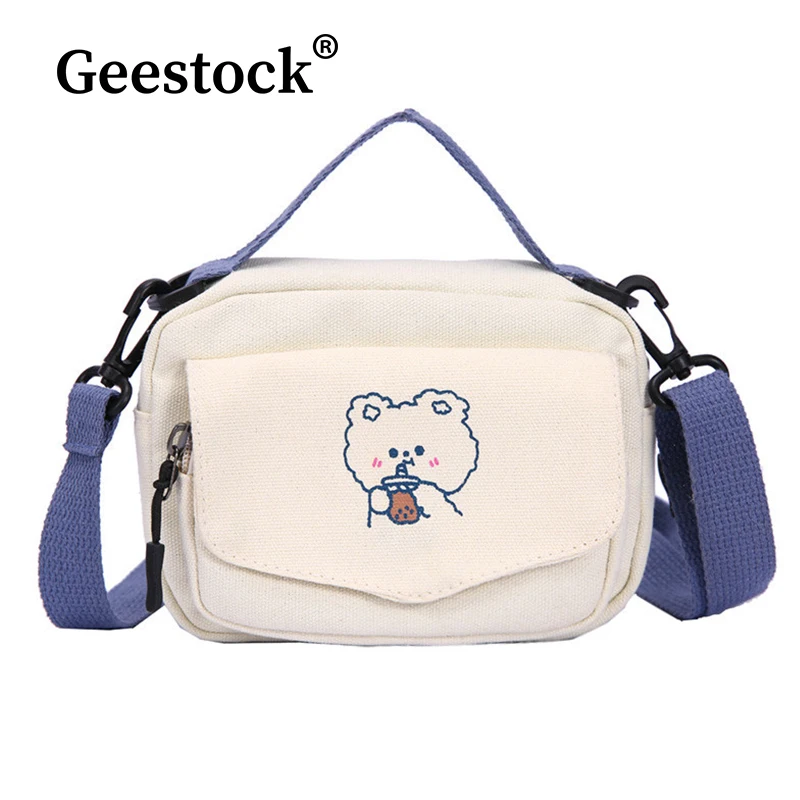 Geestock Small Bear Crossbody Bag For Girl Student Canvas Zipper Messenger Bag Small Corduroy Shoulder Bags Travel Purse Handbag