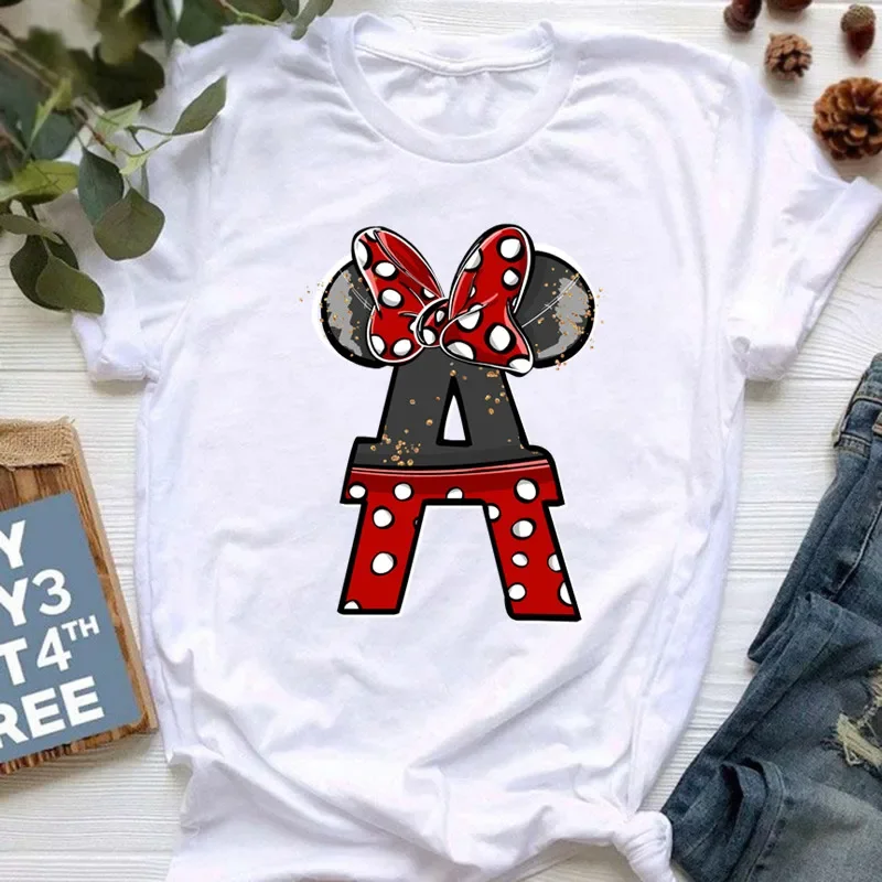 thumbnail image 1 of Ropa de verano de manga corta de Disney para niños, camisetas de algodón con estampado de letras de Minnie Mouse, camisetas de la AZ para niños, camisetas Y2k para niños y niñas, 1 of 5