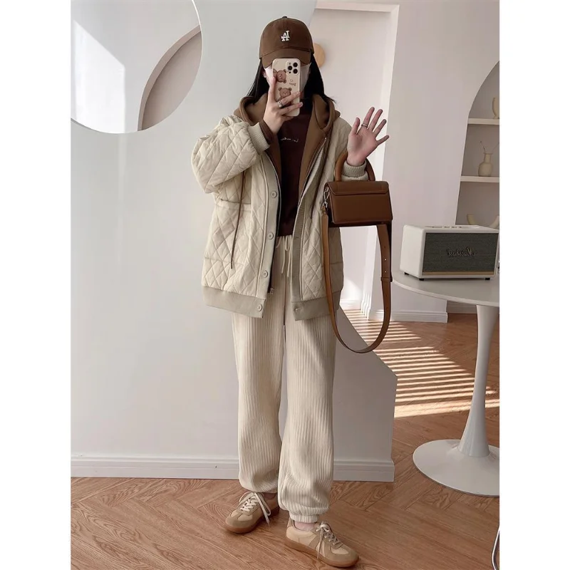 

Parkas 2023 Autumn/Winter Fashion Hepburn Style High Grade Diamond Grid Splice Fake Two Piece Hooded Cotton Coat Fashion Girl