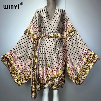 WINYI bohemian print kimono beach outfits women Swim Suit Cover up boho Cardigan stitch Self Belt Holiday long Sleeve print coat 1