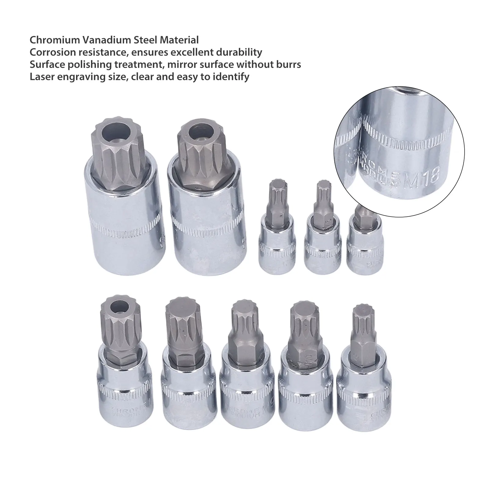 10 Pcs Triple Square Spline Bit Socket Set M4 To M18 1/4in 3/8in 1/2in Drive CR V Steel Bit Socket Set with Storage Box 4