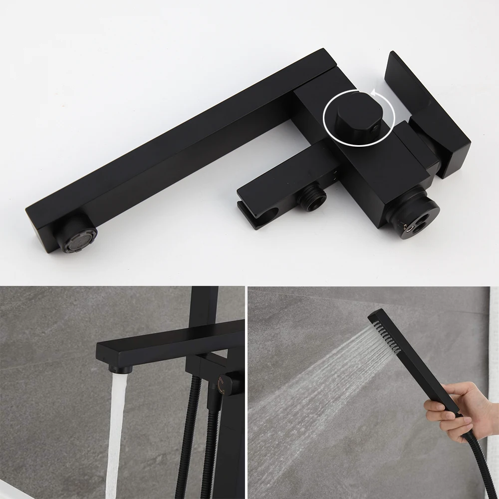 KEMAIDI Freestanding Bathtub Shower Faucet Floor Tub Filler Brass Mixer Tap 360 Degree Swivel Spout Shower Systerm Matte Black 3