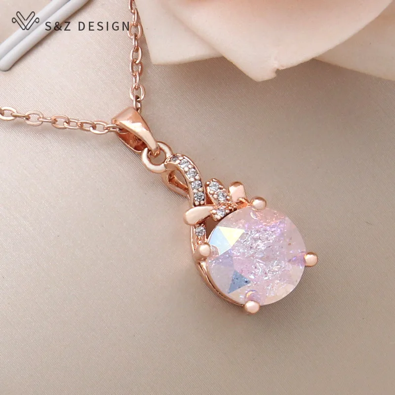 S&Z DESIGN New Fashion Cubic Zirconia 585 Rose Gold Color Round Crystal Pendant Necklace For Women Wedding Party Jewelry Gift