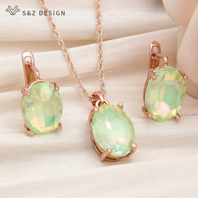 S&Z DESIGN New Fashion Oval Egg Shape Crystal Drop Earrings Jewelry Sets For Women Wedding Party Pendant Necklace Gift