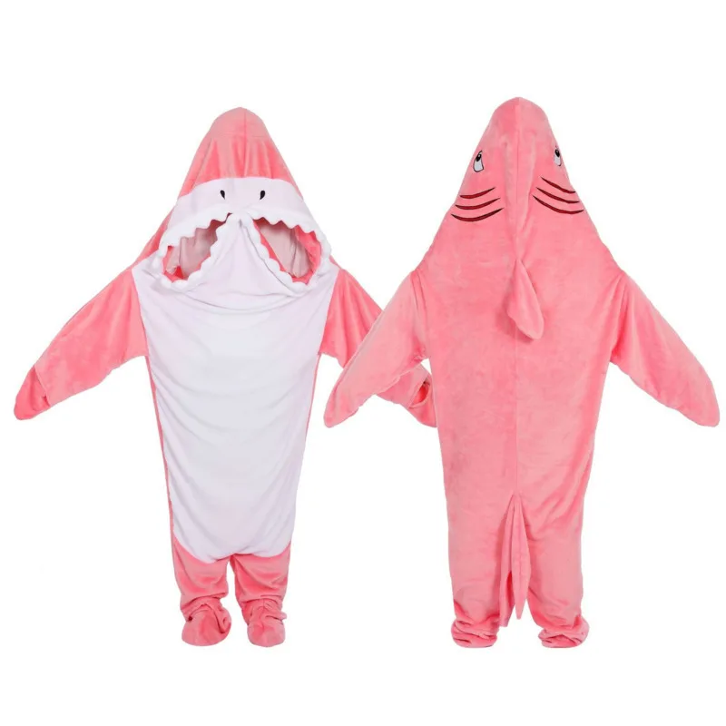 New Shark Shaped Plush Hooded Pajamas For Women And Men Y2k Pink Cute Warm Onesies Couple Jumpsuit Winter Home Casual Nightgown