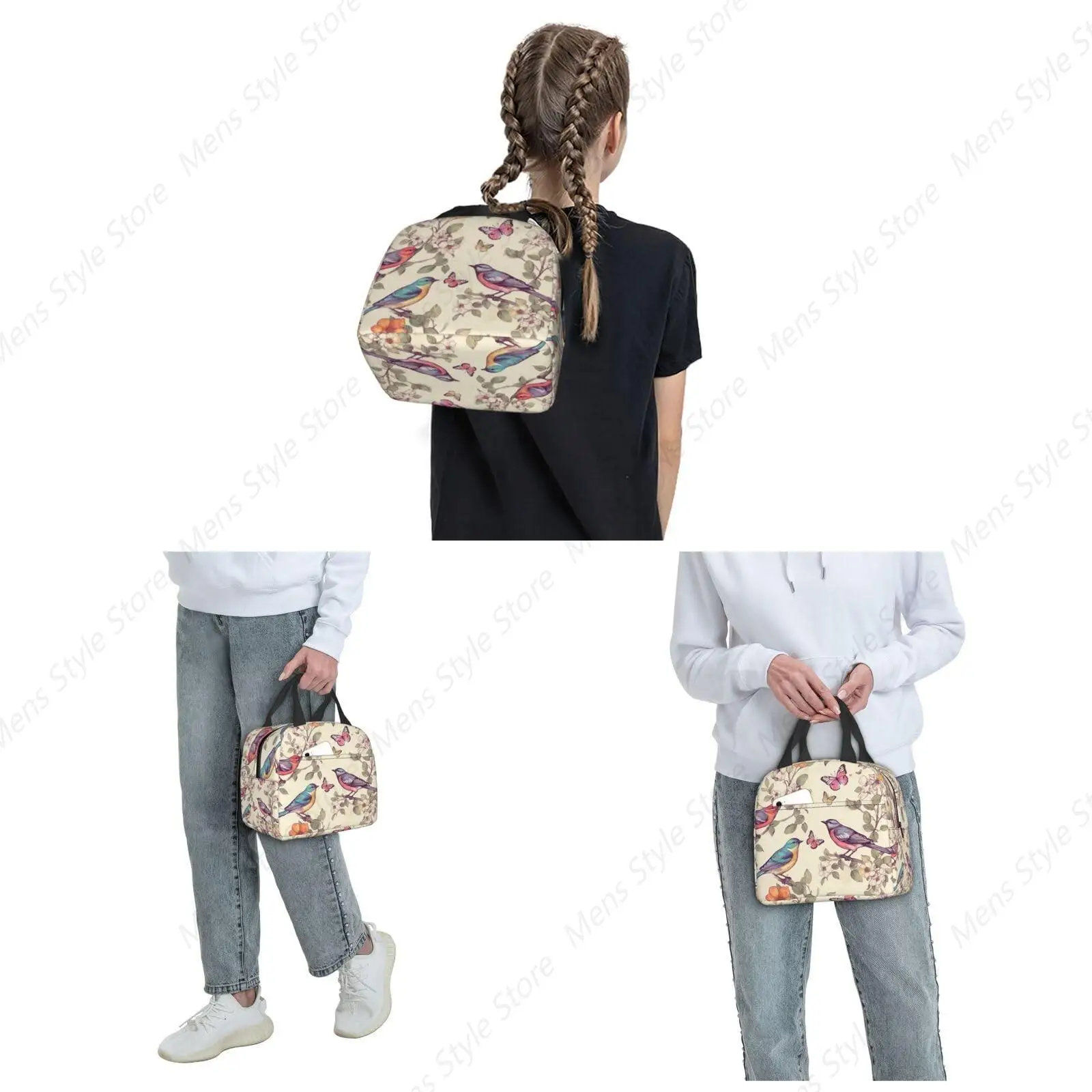 Lunch Bag Insulated Lunch Box for Women Men Reusable Cooler Bag Birds on Branches and Butterflies Tote for Work Picnic