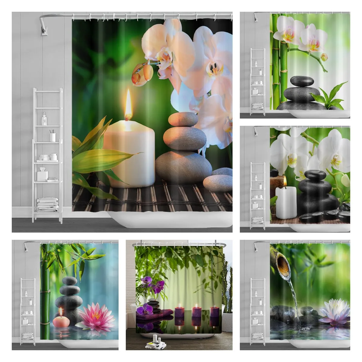 

Spa Buddha Water Yoga Shower Curtain Rural Landscape Creek Stone Lotus Buddha Waterproof Polyester Bathroom Curtain with Hooks