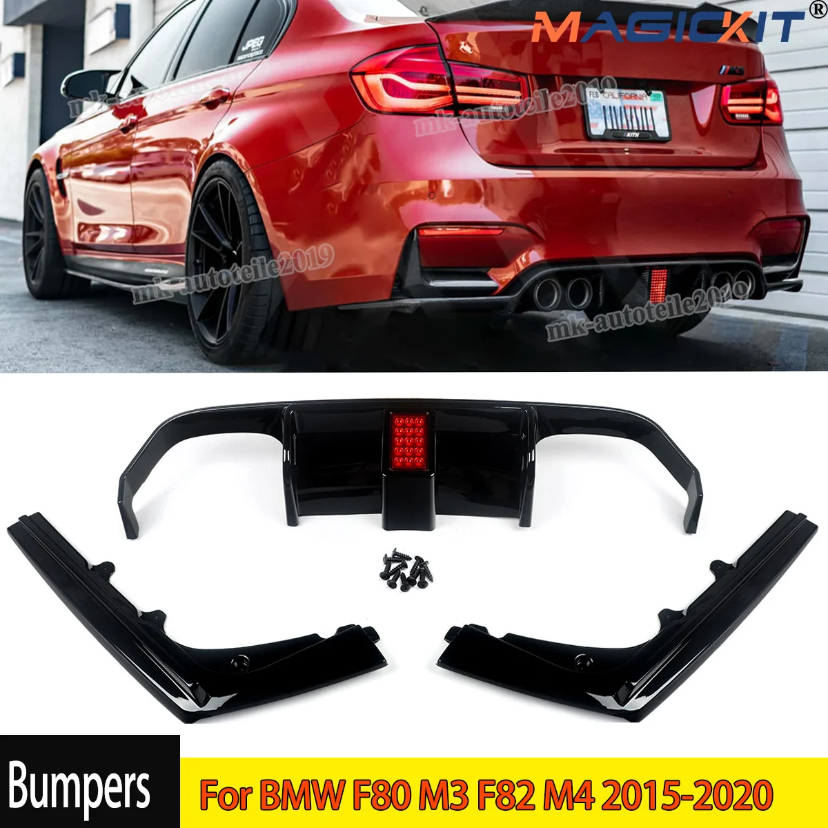 F80 F82 V Style Rear Bumper Diffuser with Led Light for BMW M3 F80 M4 F82 F83 2014-2020 Rear Side Splitters Spoiler Lip Black
