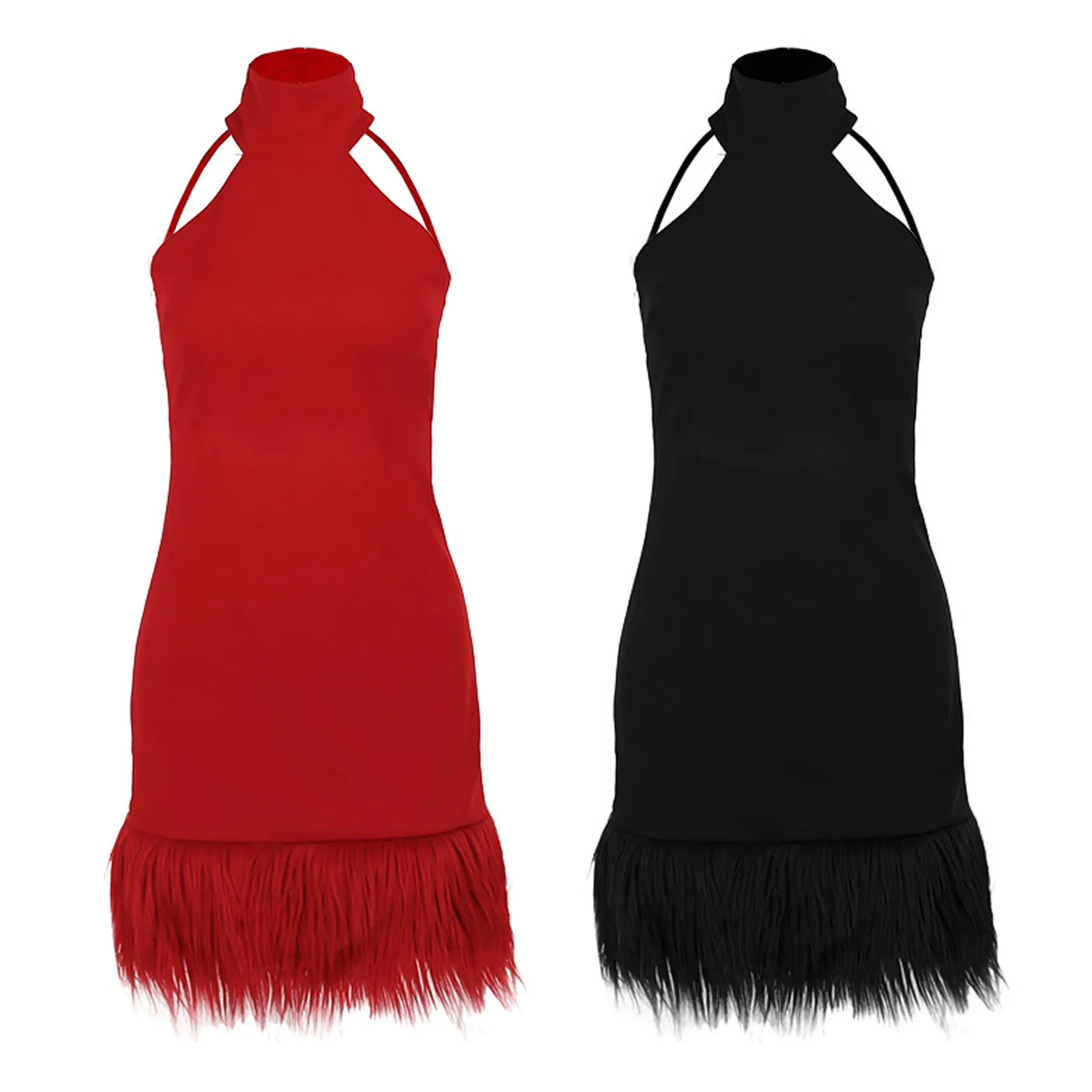 

Women Mini Bodycon Dress Solid Color Plush Trim Halter Neck Sleeveless Dress Summer Backless Party Dress