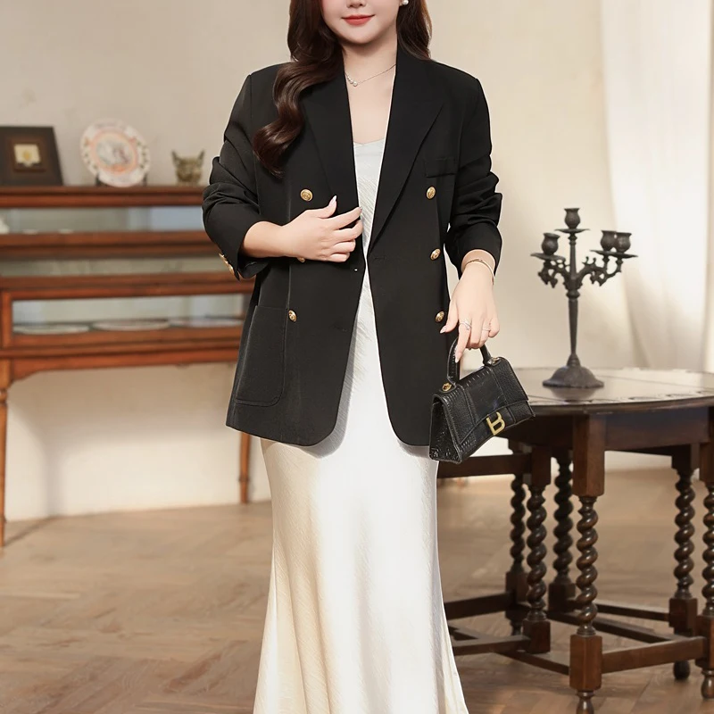 Plus Size OL Blazer 2025 Autumn French Commuter Premium Wide Shoulder Gold Buckle Business Women Suit Coat