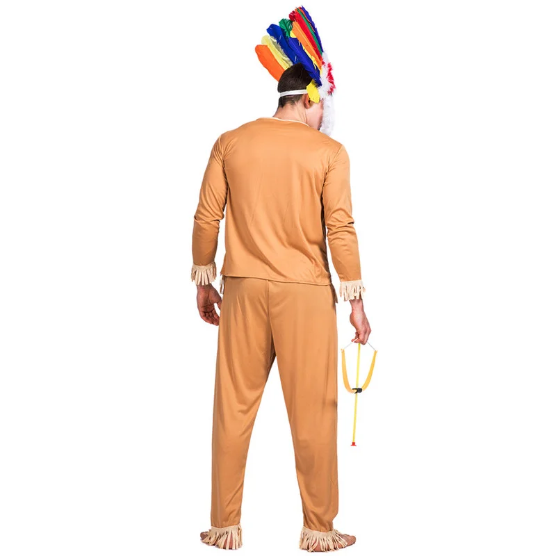 Men Cheap Native American Halloween Party Costume Indian Primitive Hunters Cosplay Suits Carnival Easter Purim Fancy Dress