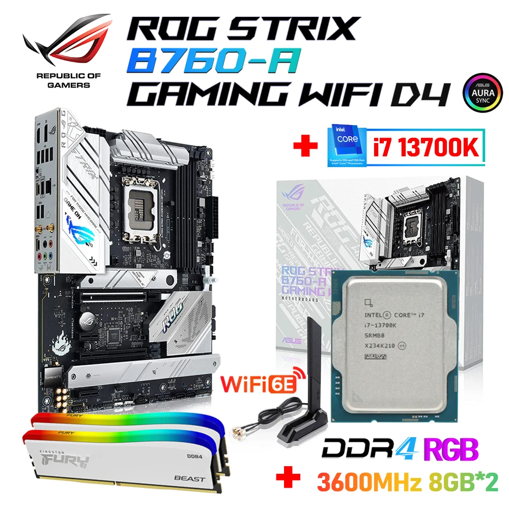 

Asus ROG B760-A GAMING WIFI D4 LGA 1700 Motherboard DDR4 With Intel Core i7 13700K LGA1700 CPU Combo Kingston DDR4 16GB Memory