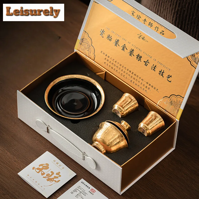 Gilded Chi Long Pattern Tea Set Complete Set Vintage Tea Ceremony Set Tea Maker Teapot And Tea Cup Set Cafes Supplies Ornaments