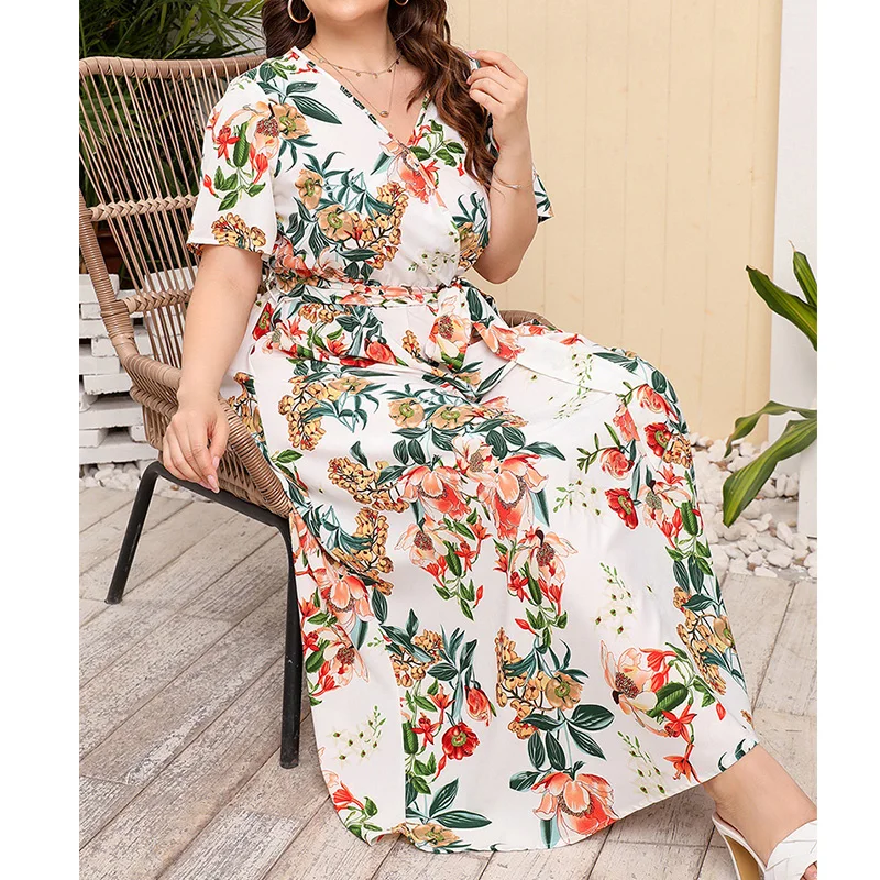 Fashion Plus Size Summer Clothes for Women V-Neck Bandage Short Sleeve Elastic Waist Geometric Pattern Print Elegant Long Dress