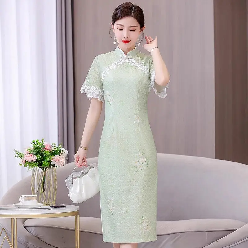 

2023 Summer Art Retro Chinese Style Improved Qipao Dress Stand Collar Short Sleeve Elegant Fashion Slim Lace Spliced Dress Z1696