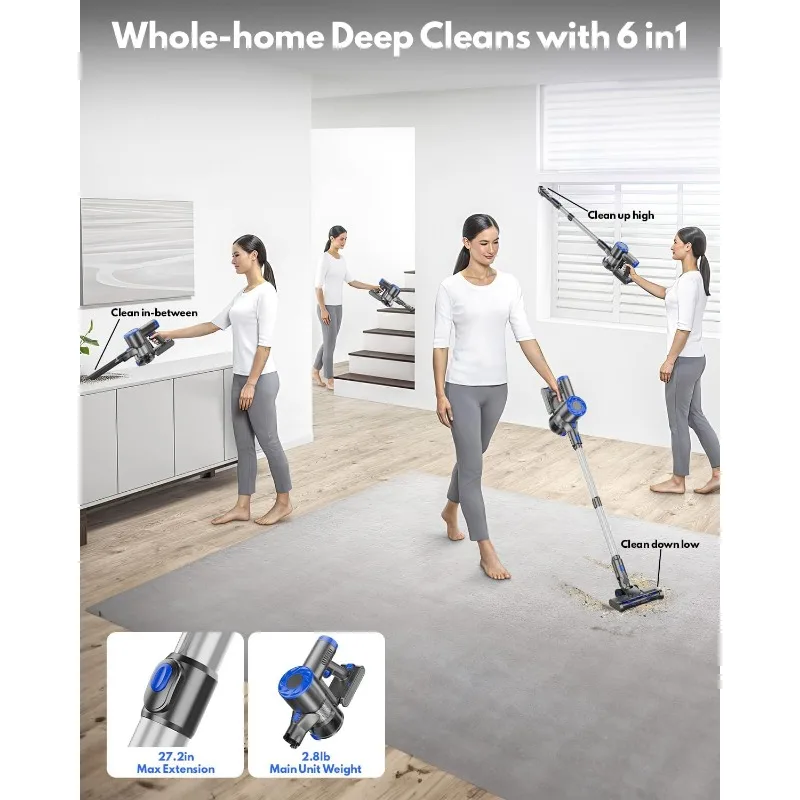 HOTAWELI Cordless Vacuum Cleaner,6-in-1 Powerful Suction Stick Vacuum with 2200 mAh Battery,Lightweight Self-Standing Vacuum 6
