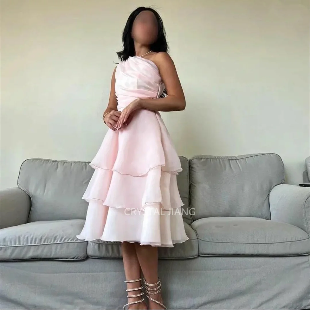 

2023 New Arrival Short Organza Pink Evening Dresses فساتين السهرة A-Line Pleated Tea Length Prom Dress Robe de soirée for Women