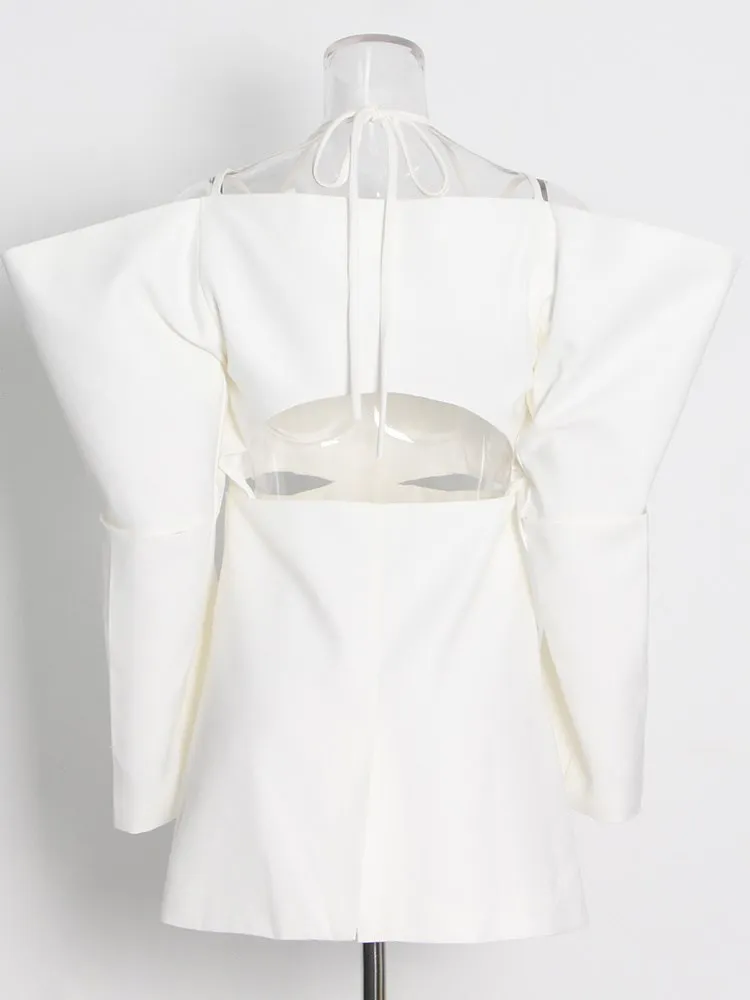 KBQ Spliced Lace Up Hollow Out Backless Blazer For Women V Neck Long Sleeve Off Shoulder Single Breasted Solid Blazers Female