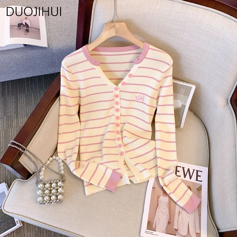

DUOJIHUI Autumn Classic Striped Knitted Sweater Women Cardigan New Chic V-neck Simple Casual Spell Color Fashion Female Cardigan