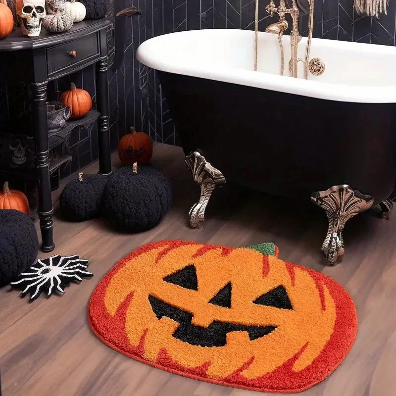 Halloween Pumpkin Bath Mat-Non-Slip, Washable & Absorbent Rug For Shower, Tub, And Home Decor-Cute Orange Fall Accent