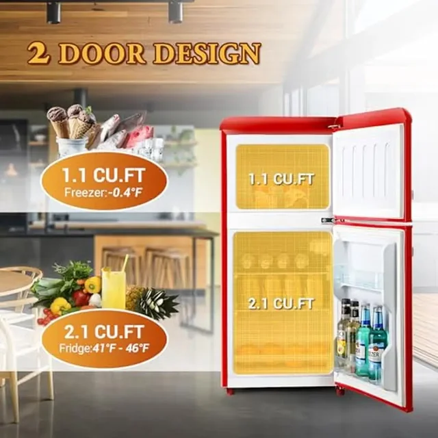 Compact Double Door Mini Fridge Freezer Combo Glass Shelf 3.2 cu ft Retro Red Ice Trays Spoons Ideal Kitchen Office Dormitory 2
