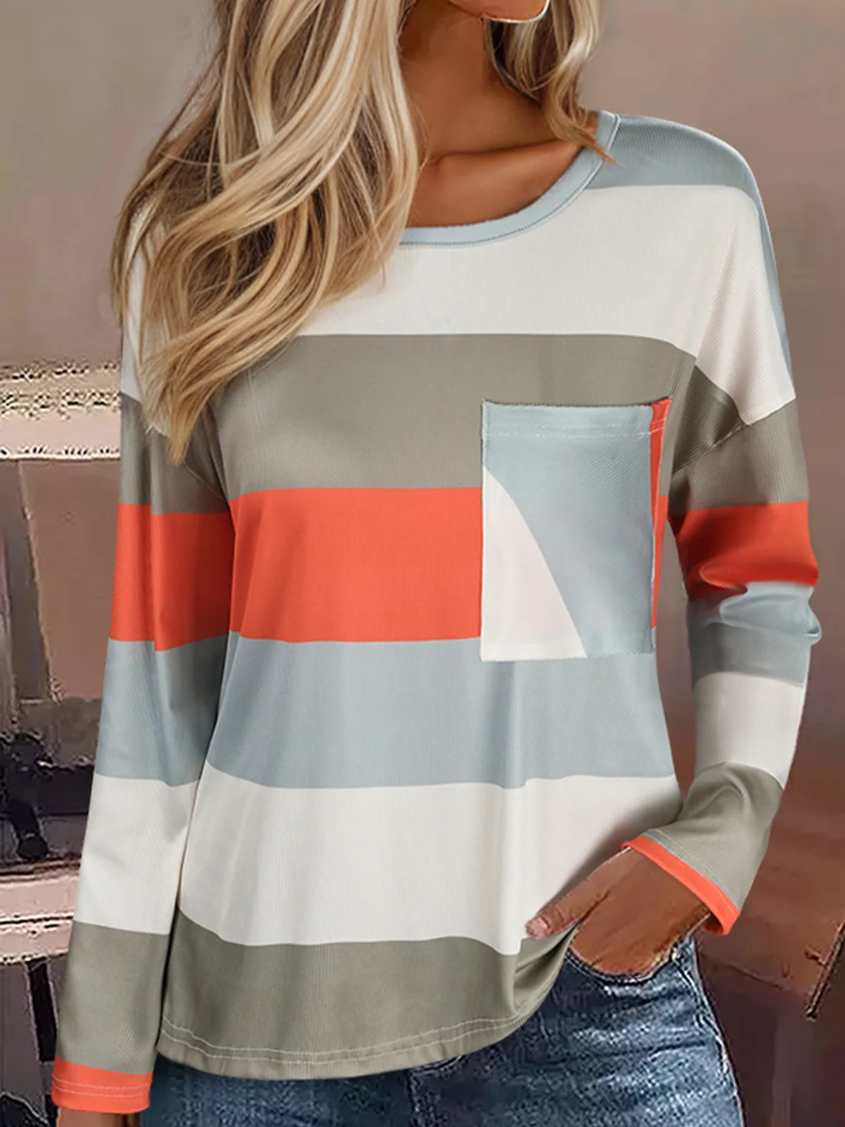 

Color-Blocked Pocket Loose Long Sleeve Blouse 2023 Autumn Comfy Fashion New Print Women Lazy Style Commuter Streetwear