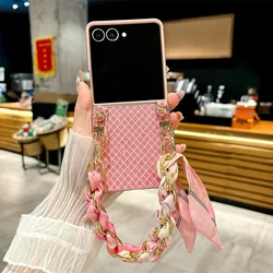 Luxurious Leather Protective Phone Case with Elegant Silk Wrist Strap - Galaxy Z Flip5 (Pink)