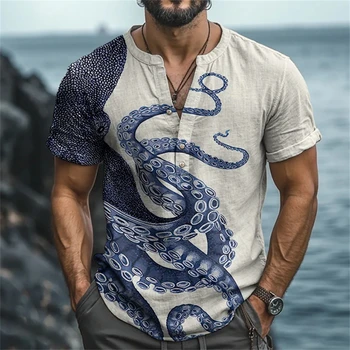 2025 New Retro Men's Short Sleeve POLO Shirt Linen Blended Printed Clothing Hawaiian Casual Fashion Large Size Men's Tops