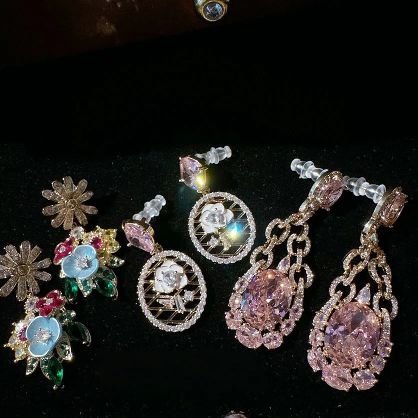 

2023 Women Papalacha Pink Water Drops Gemstone Chain Earrings Escaping Princess Plated with 18K Gold Rainbow Flower Zircon