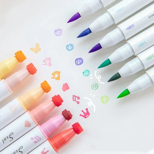 1set(6pcs) Color Stamp Pen Set Seal Paint Dual-side Brush & Highlighter  Liner Art Marker