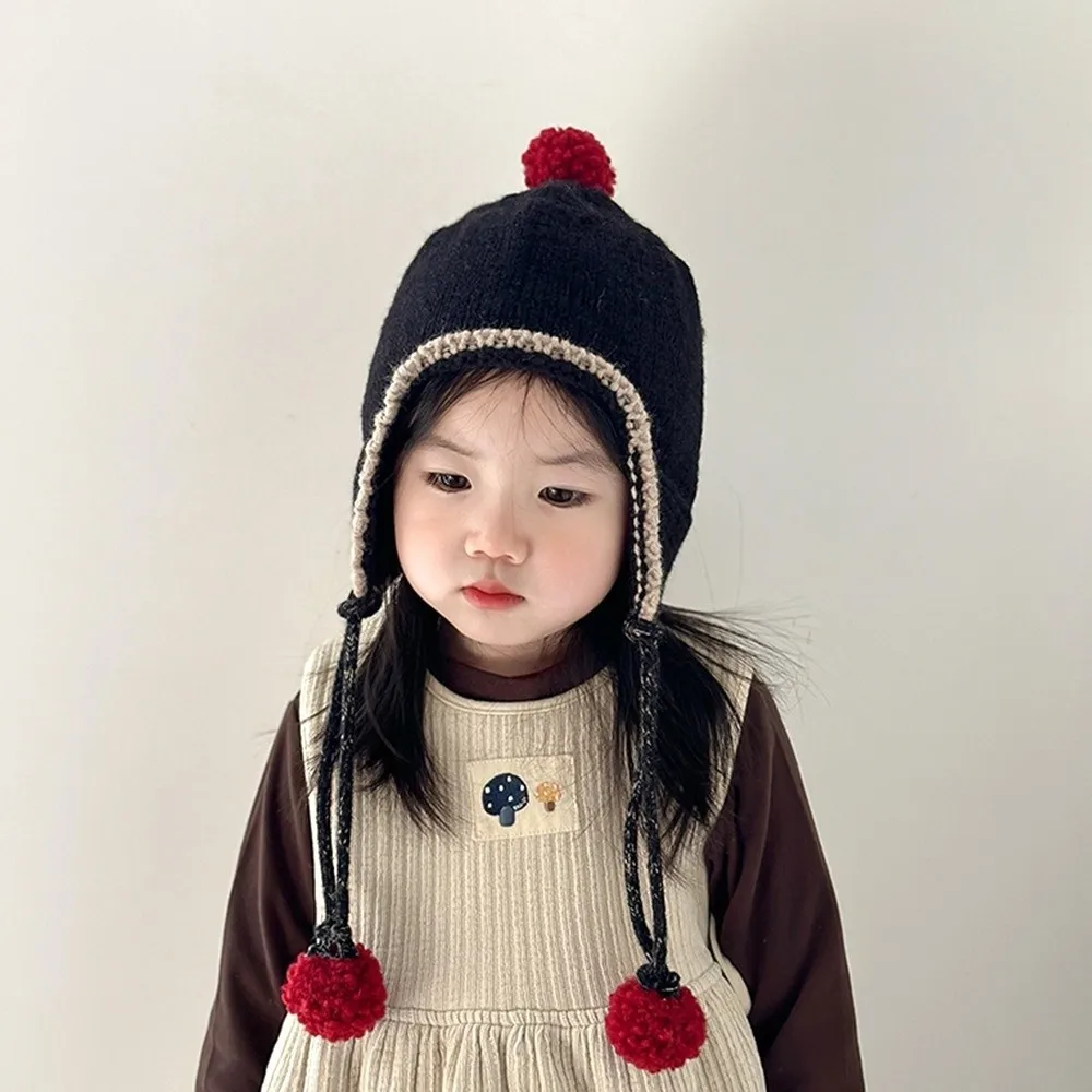 Cute Winter Baby Knitted Cap Thick Bobbles Baby Beanie Cap Tassel Warm Ear Protection Hat Kids