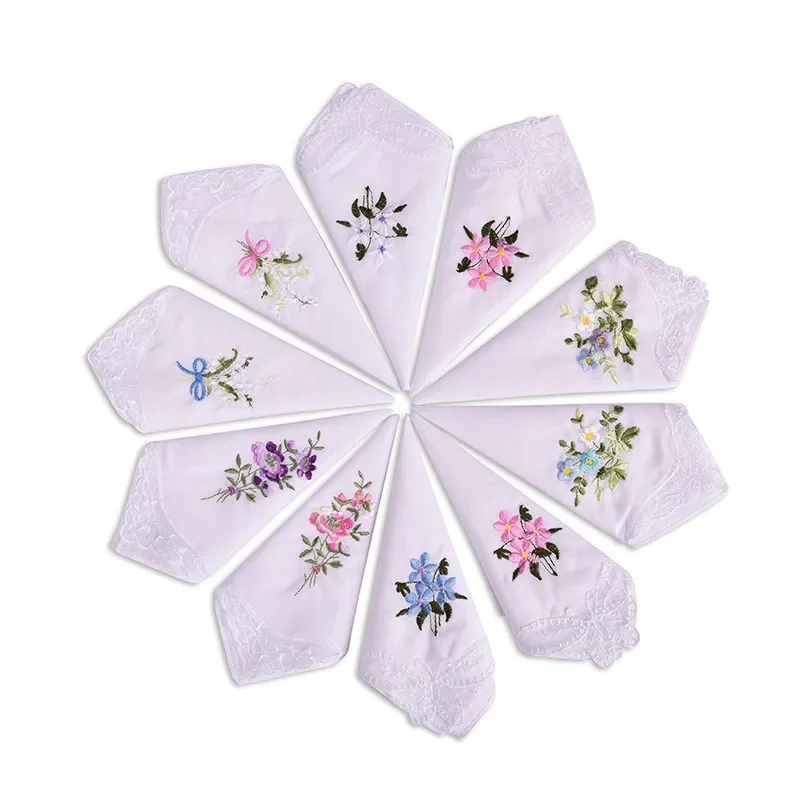

3Pcs 28x28cm Flower Embroidery Lace White Cotton Lady Women Handkerchief Square Hand Towels Wedding Party Gift