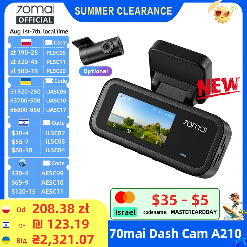 【חדש】70mai A210 Dash Cam 1080P HDR תמיכה בראיית לילה סופר קבל דו-ערוצי מובנה GPS Wi-Fi6 24H מעקב חניה